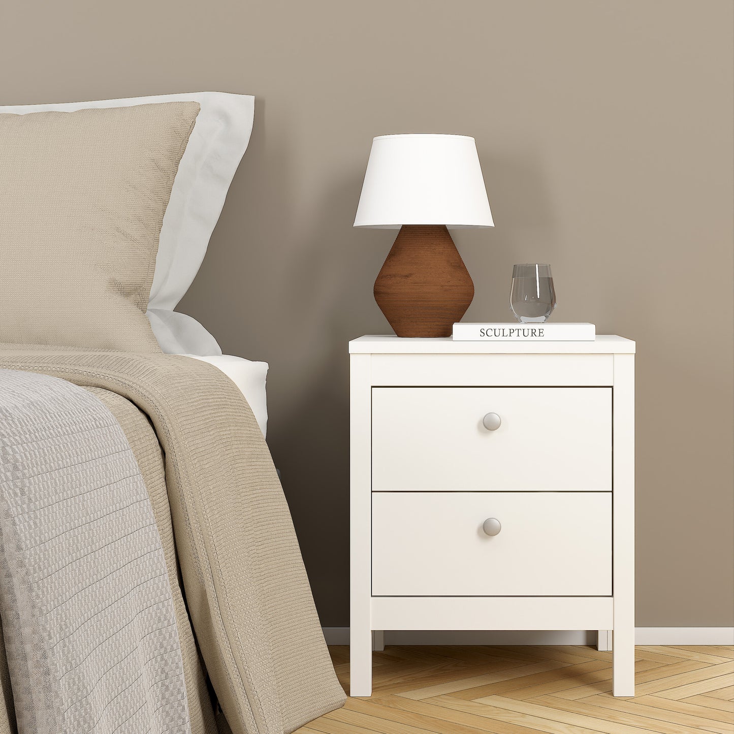 madrid bedside table 2 drawers in white