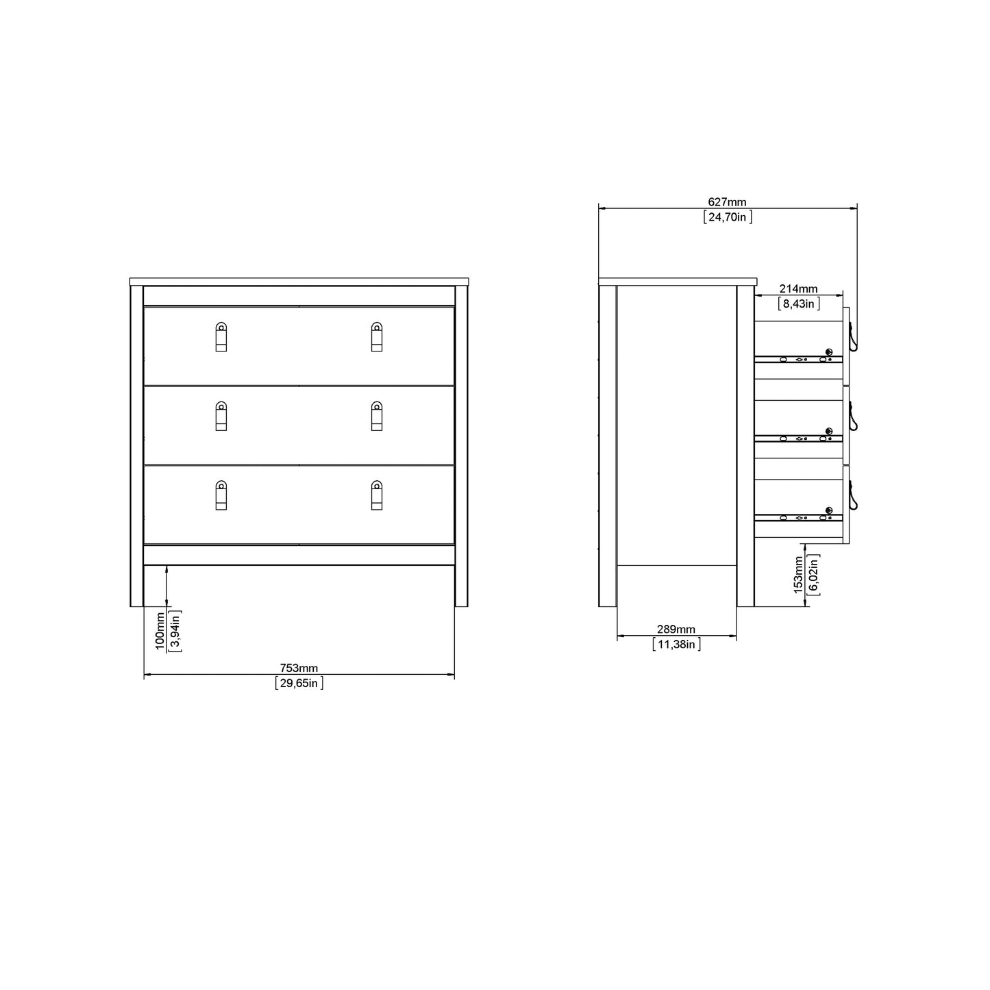 madrid chest 3 drawers in matt black