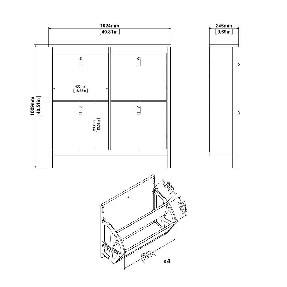madrid shoe cabinet 4 flip down doors in white