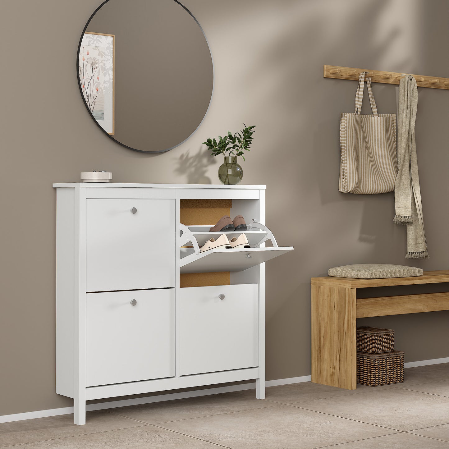 madrid shoe cabinet 4 flip down doors in white