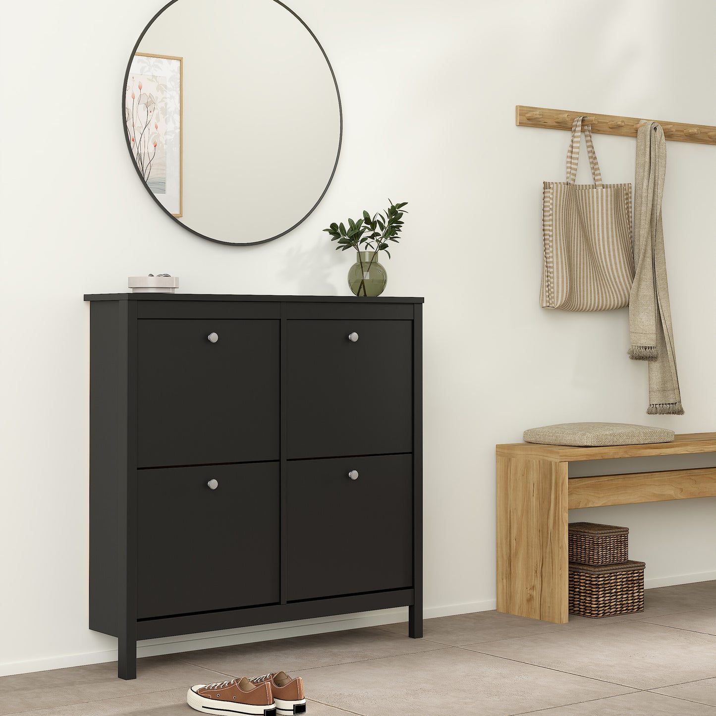 madrid shoe cabinet 4 flip down doors in matt black