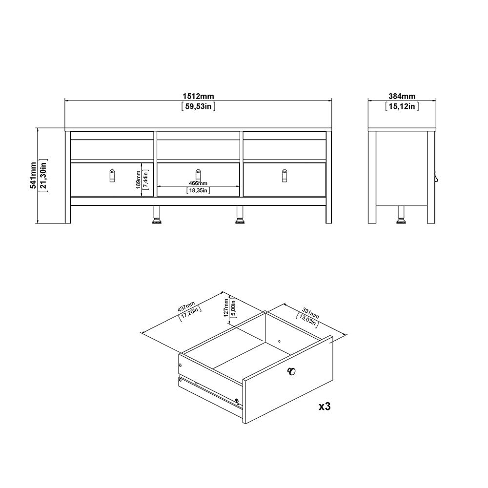 madrid tv unit 3 drawers in white