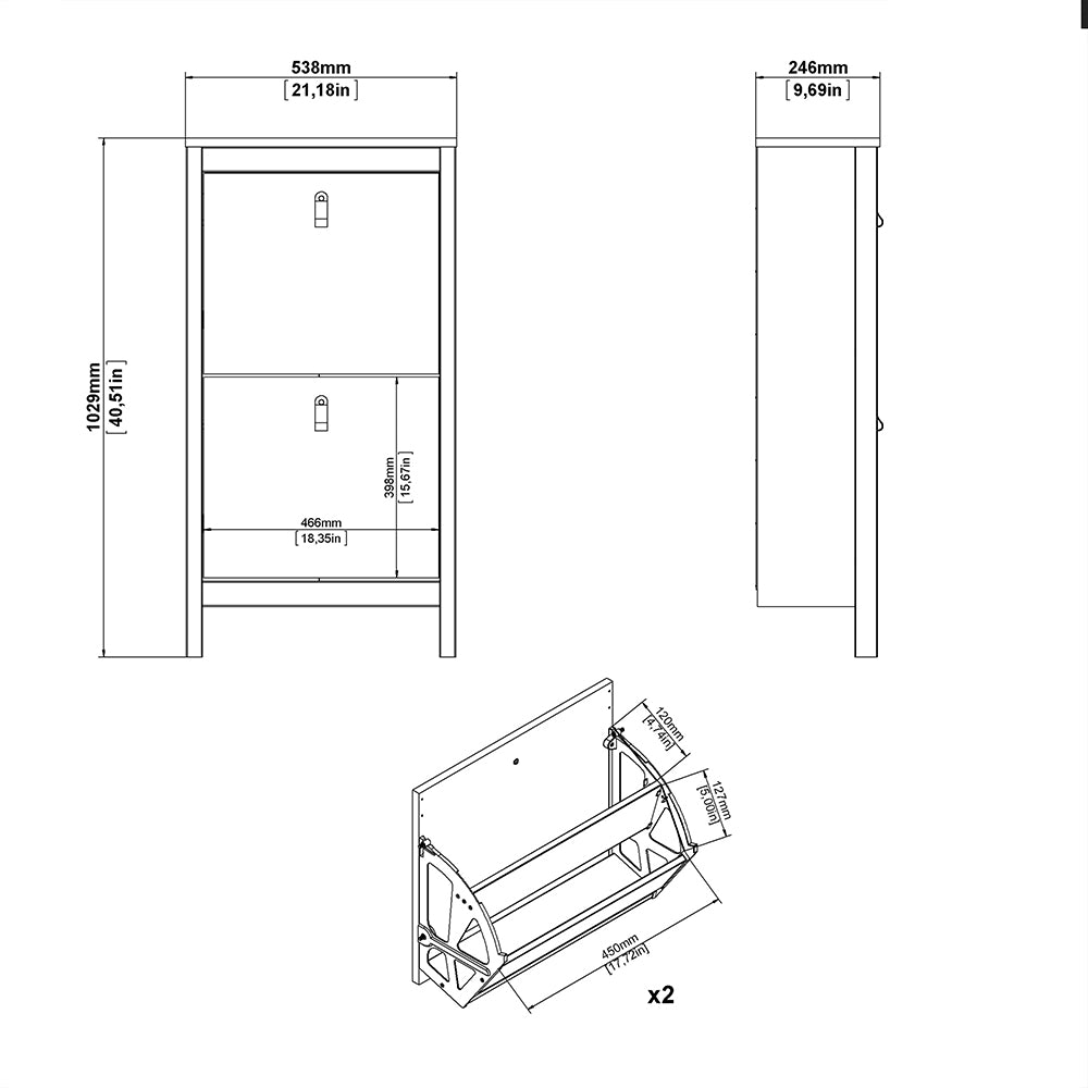 madrid shoe cabinet 2 flip down doors matt black