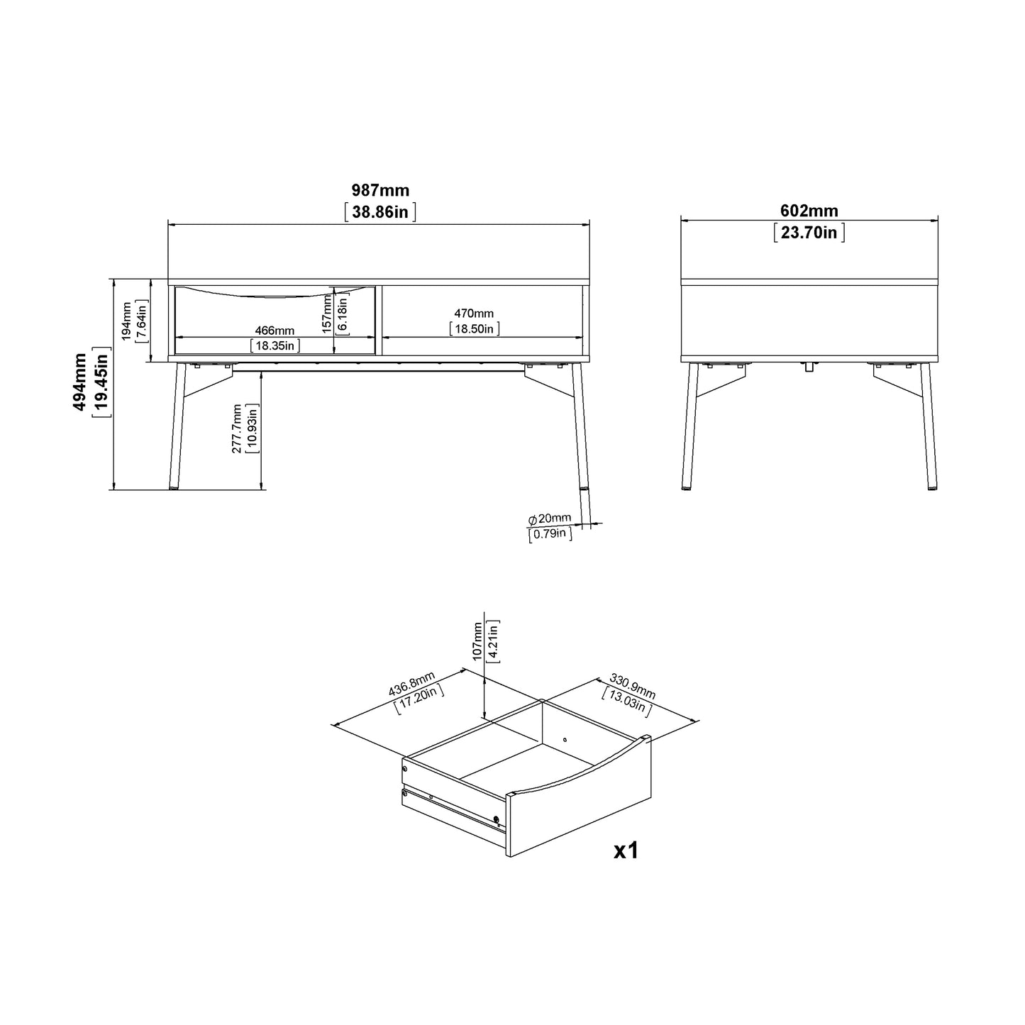 fur coffee table with 1 drawer in grey and white