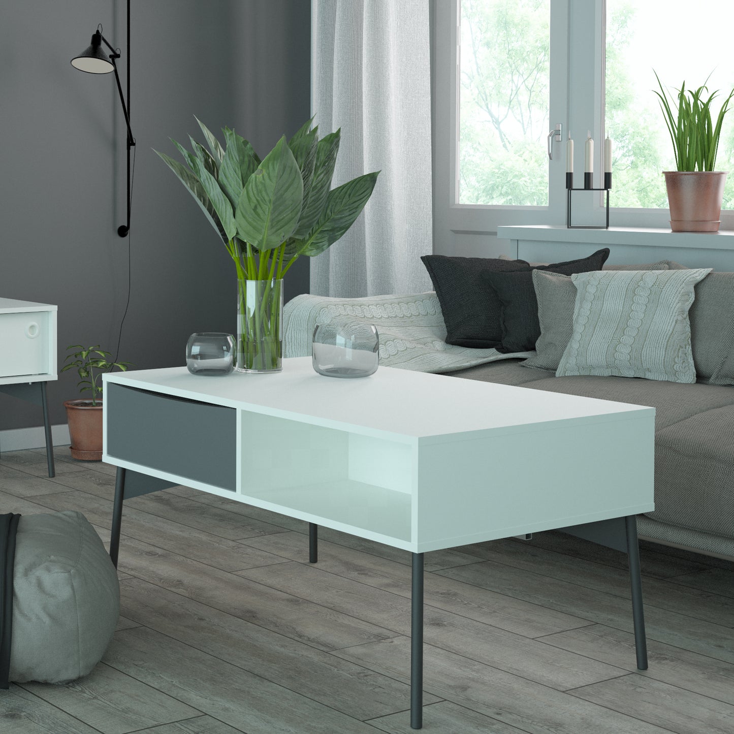 fur coffee table with 1 drawer in grey and white