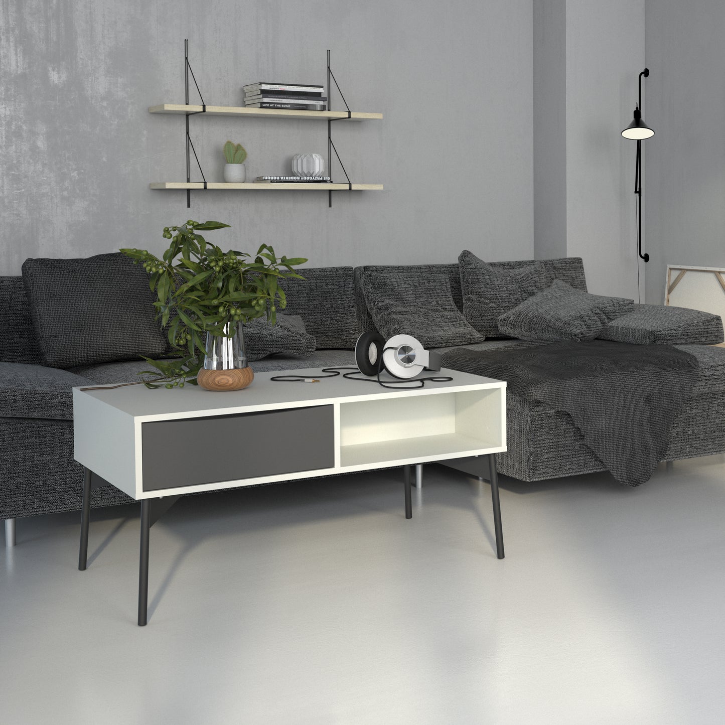 fur coffee table with 1 drawer in grey and white