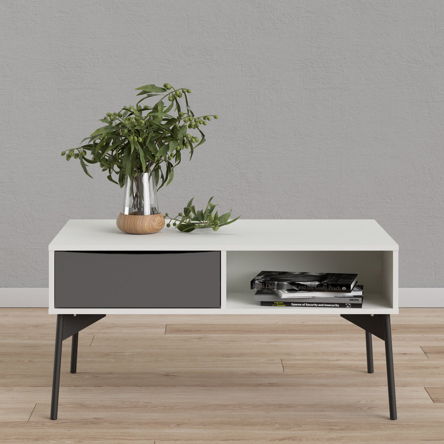 fur coffee table with 1 drawer in grey and white