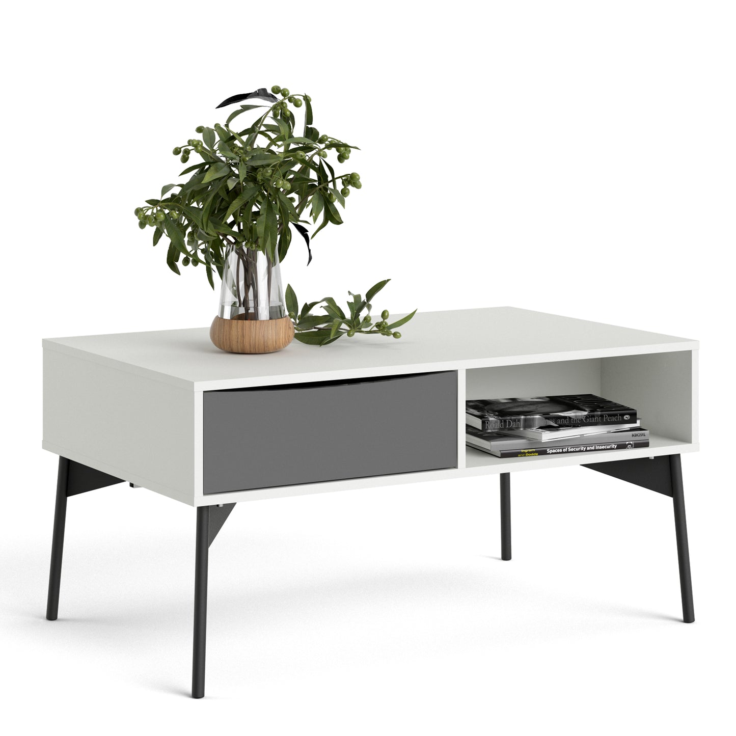fur coffee table with 1 drawer in grey and white