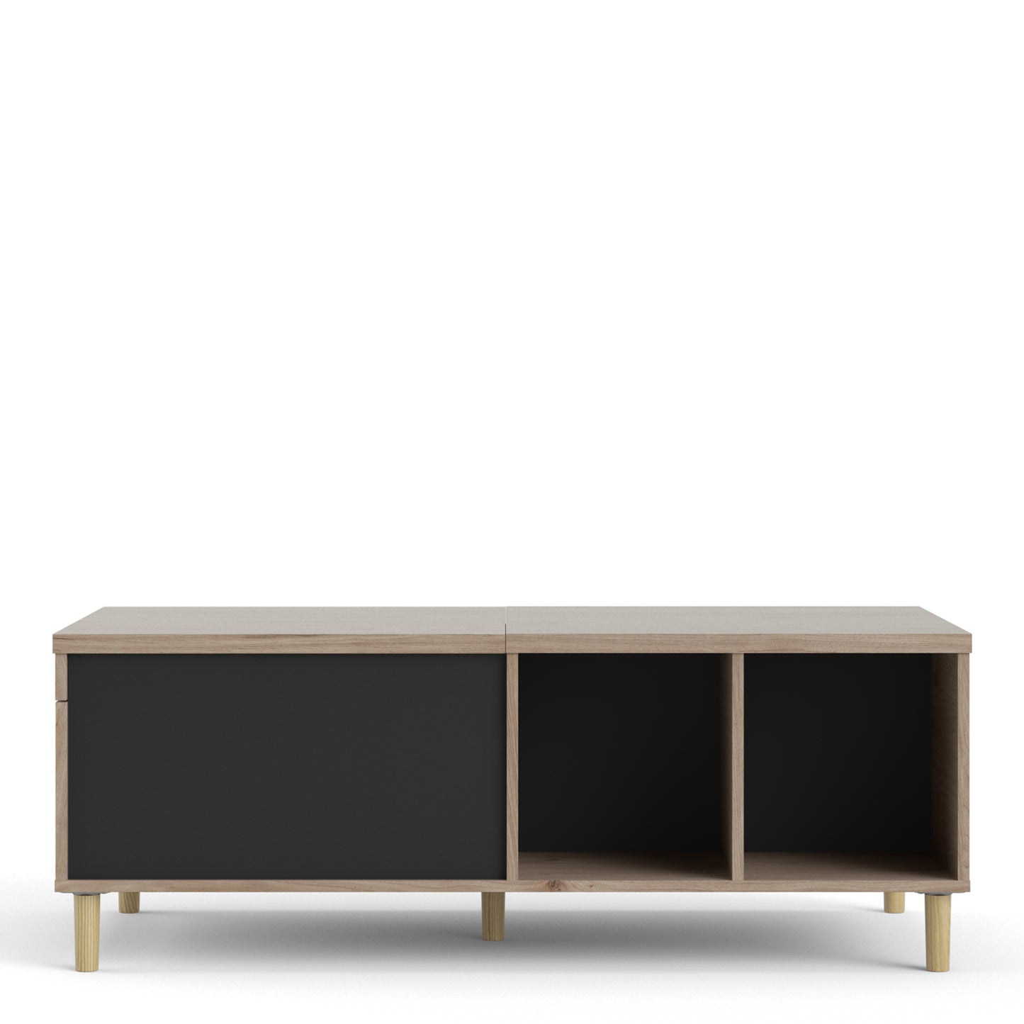 rome coffee table with sliding top in jackson hickory oak and matt black