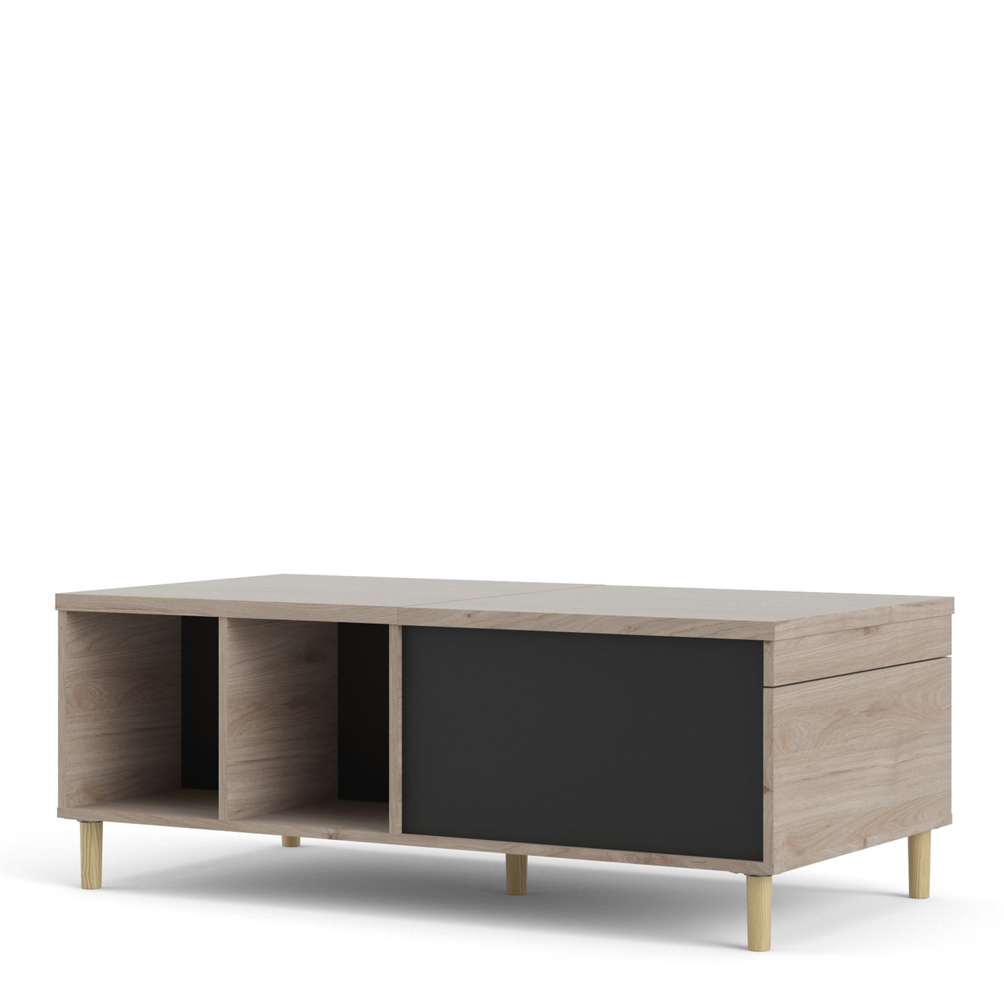 rome coffee table with sliding top in jackson hickory oak and matt black