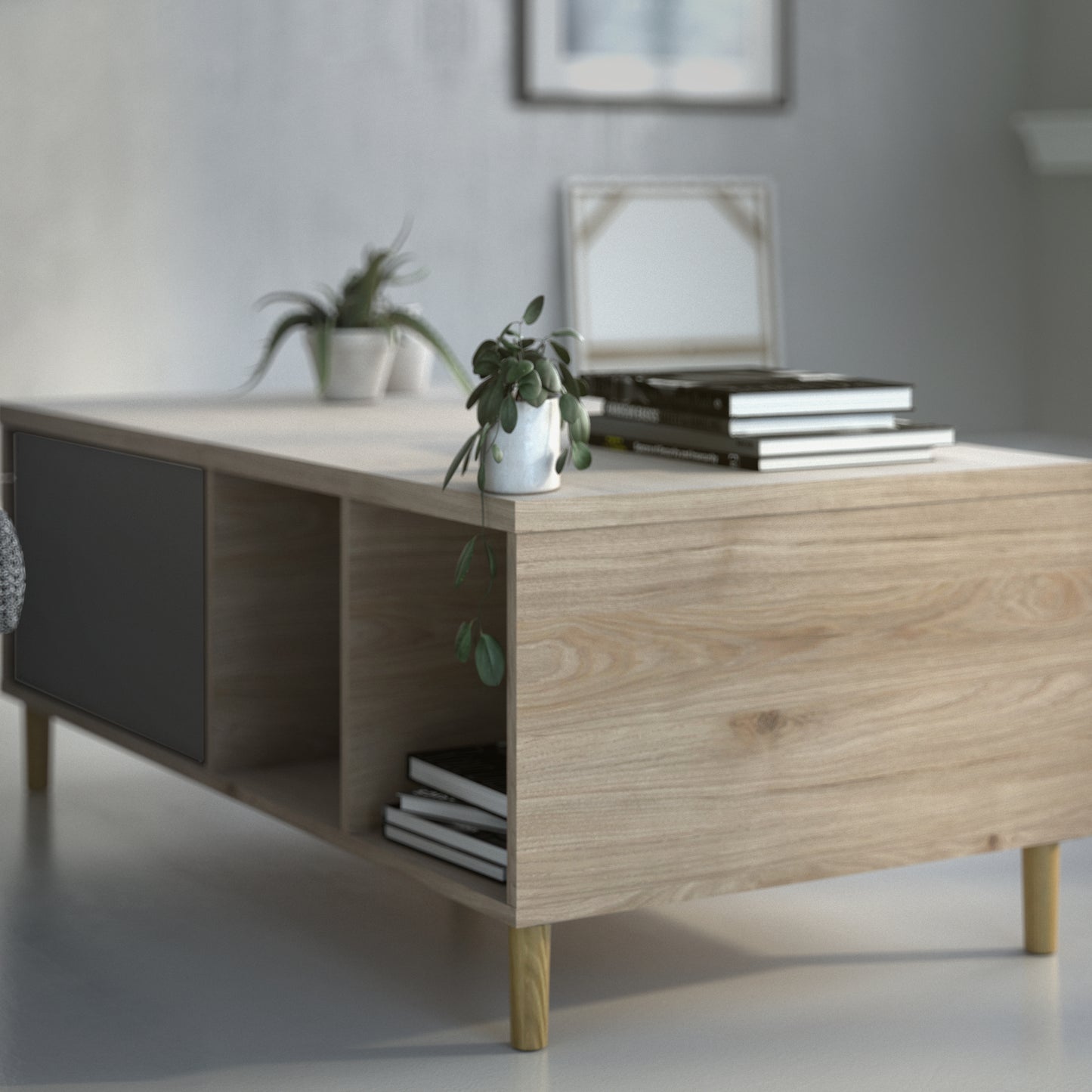 rome coffee table with sliding top in jackson hickory oak and matt black
