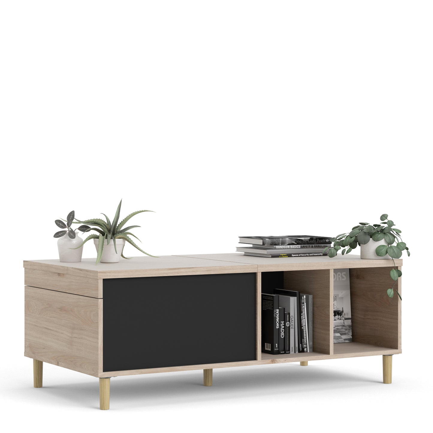 rome coffee table with sliding top in jackson hickory oak and matt black