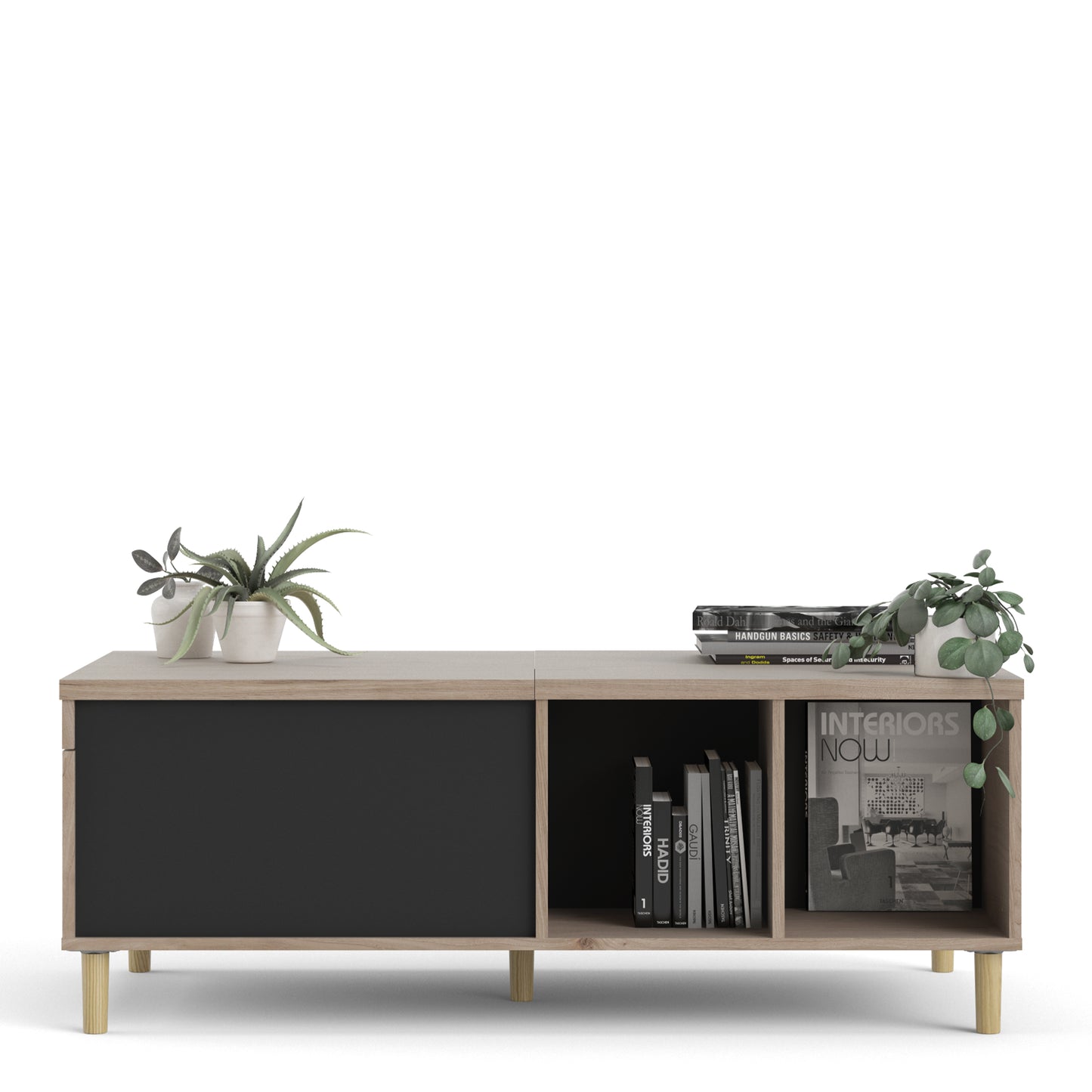 rome coffee table with sliding top in jackson hickory oak and matt black