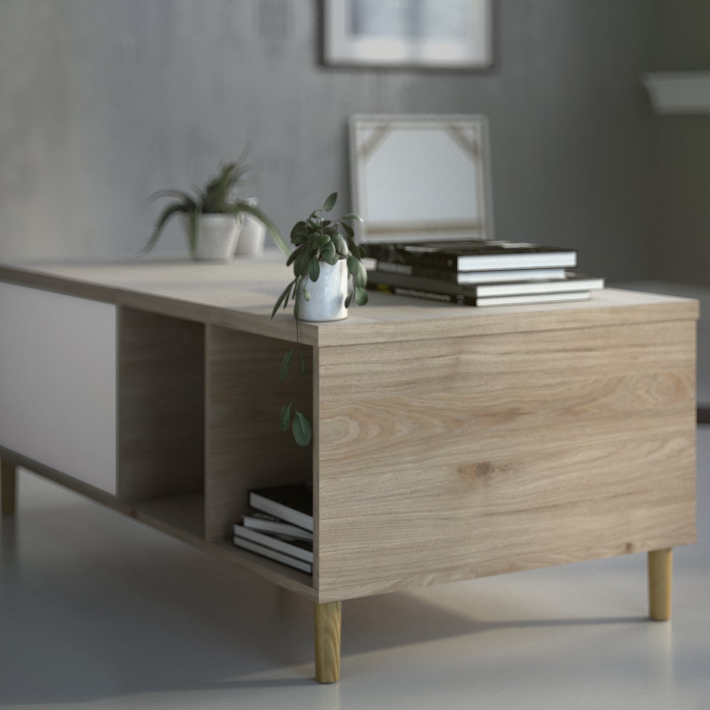 rome coffee table with sliding top in jackson hickory oak and matt white