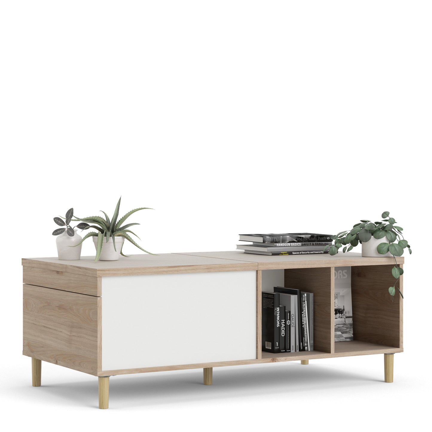 rome coffee table with sliding top in jackson hickory oak and matt white