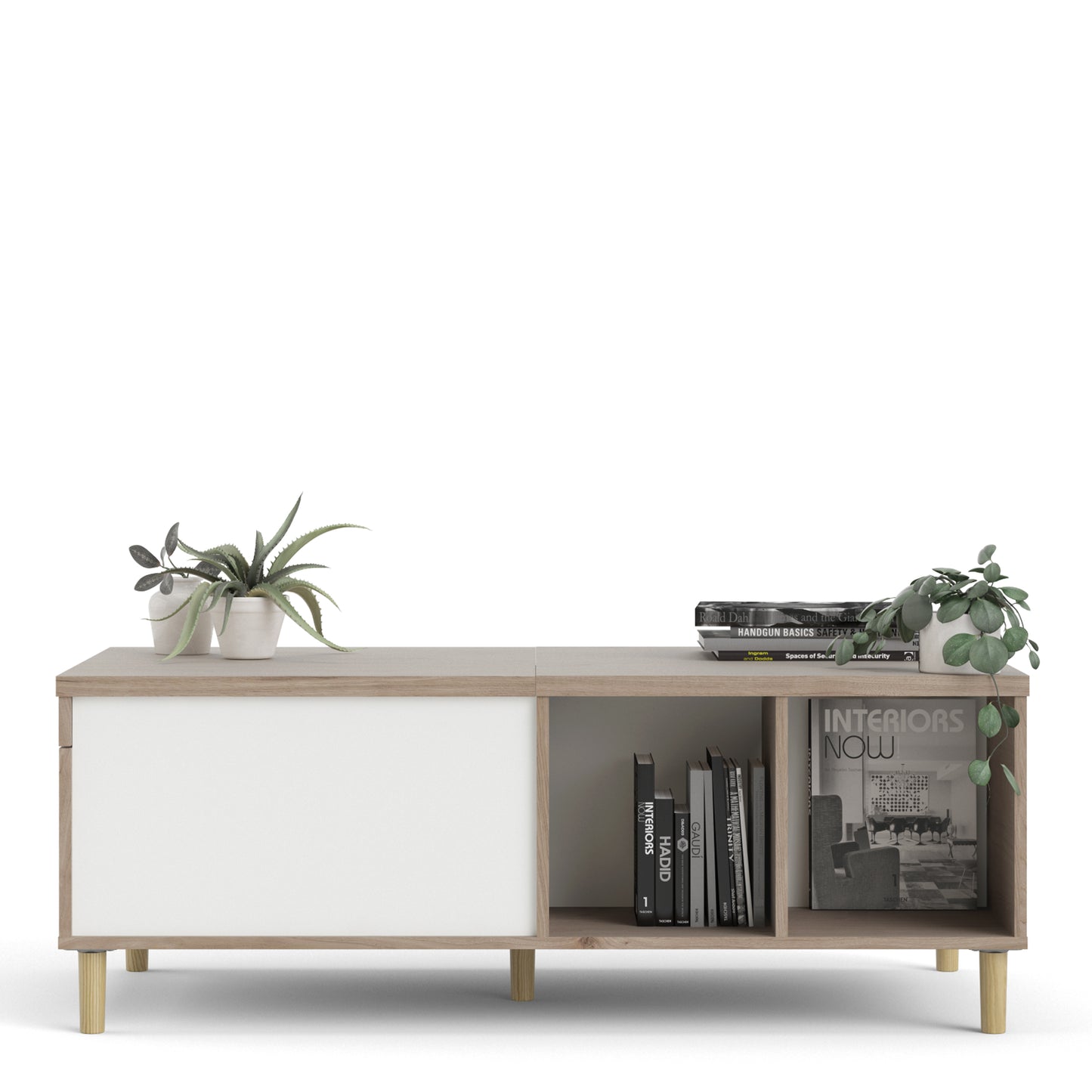 rome coffee table with sliding top in jackson hickory oak and matt white