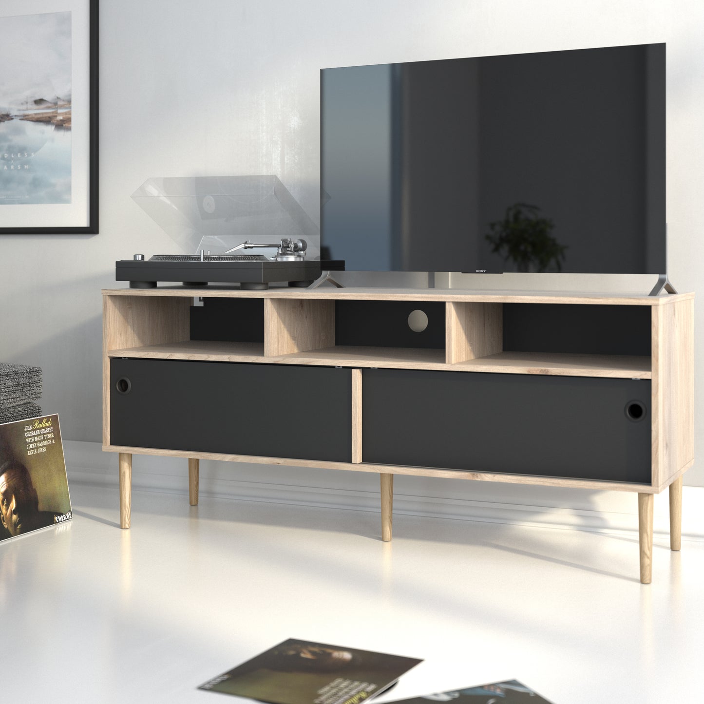 rome tv unit 2 sliding doors in jackson hickory oak and matt black