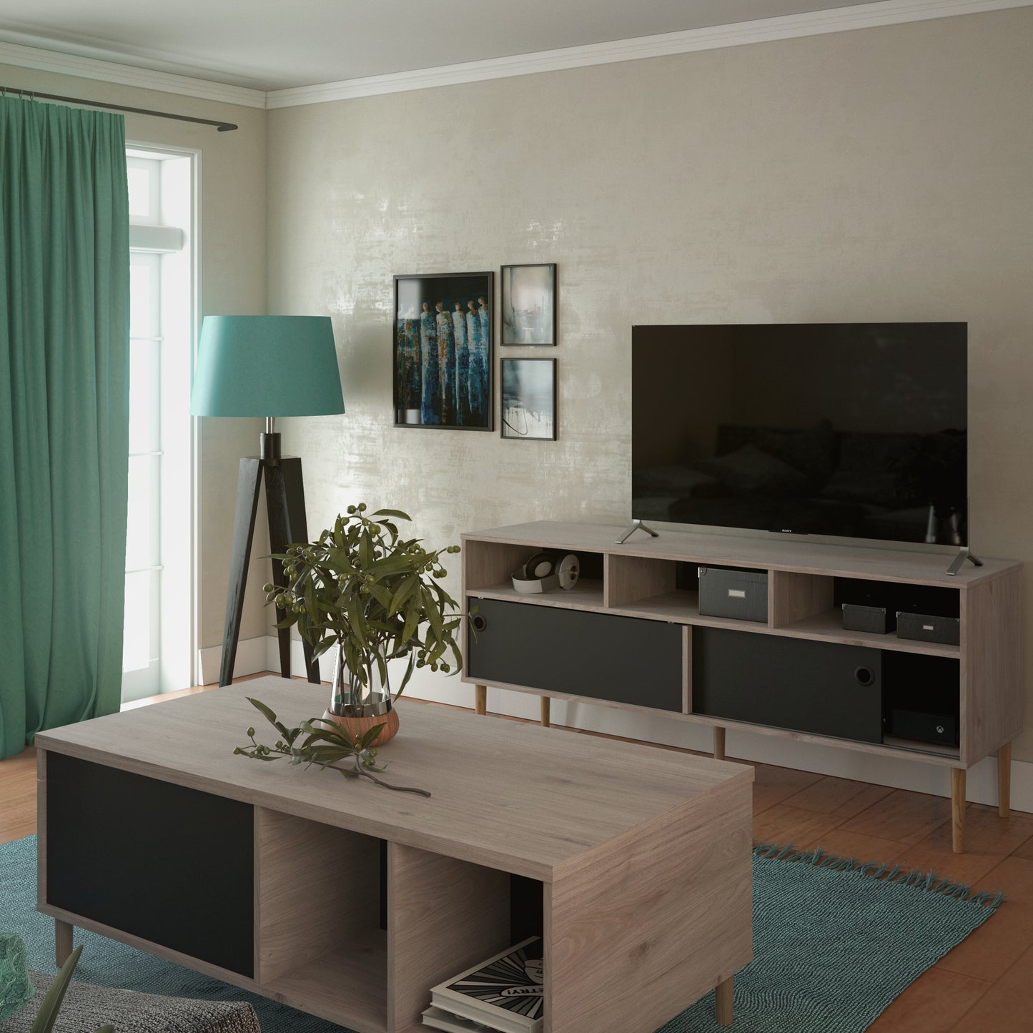 rome tv unit 2 sliding doors in jackson hickory oak and matt black