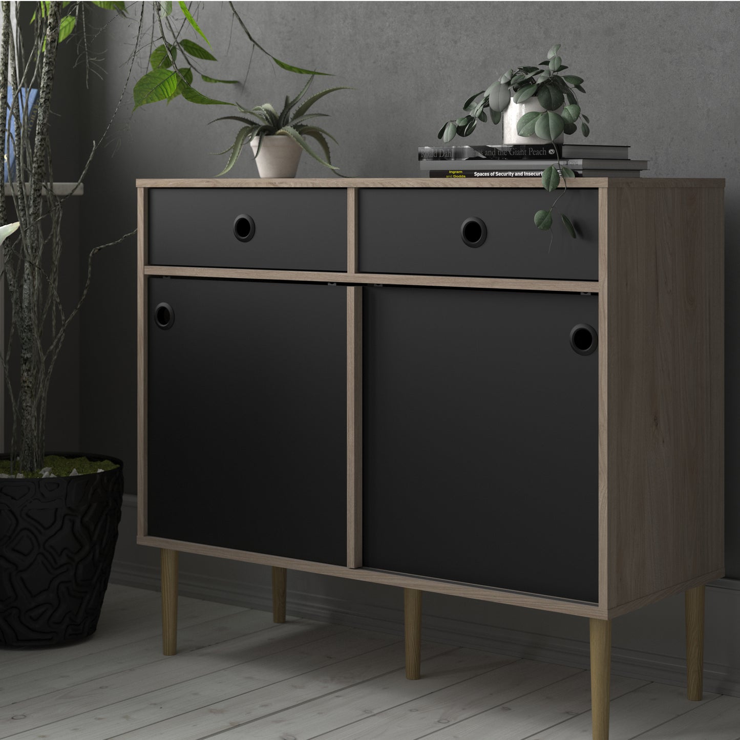 rome sideboard 2 sliding doors 2 drawers in jackson hickory oak and matt black