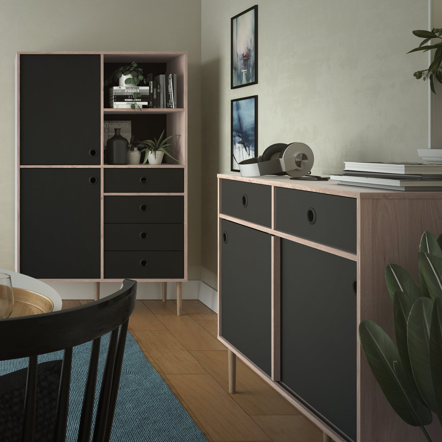 rome sideboard 2 sliding doors 2 drawers in jackson hickory oak and matt black