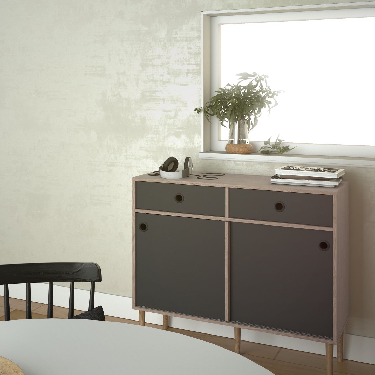 rome sideboard 2 sliding doors 2 drawers in jackson hickory oak and matt black