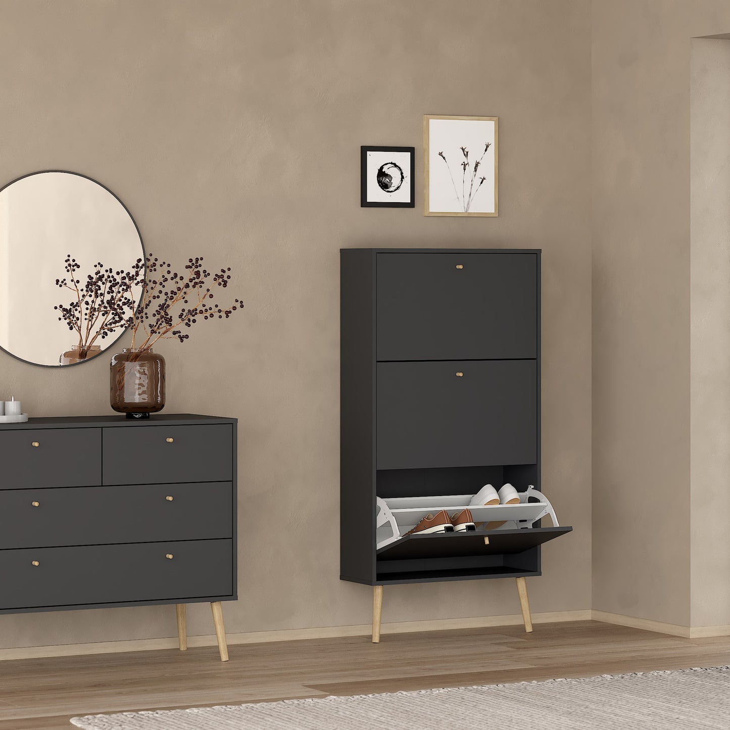 cumbria shoe cabinet 3 flip down doors dark grey