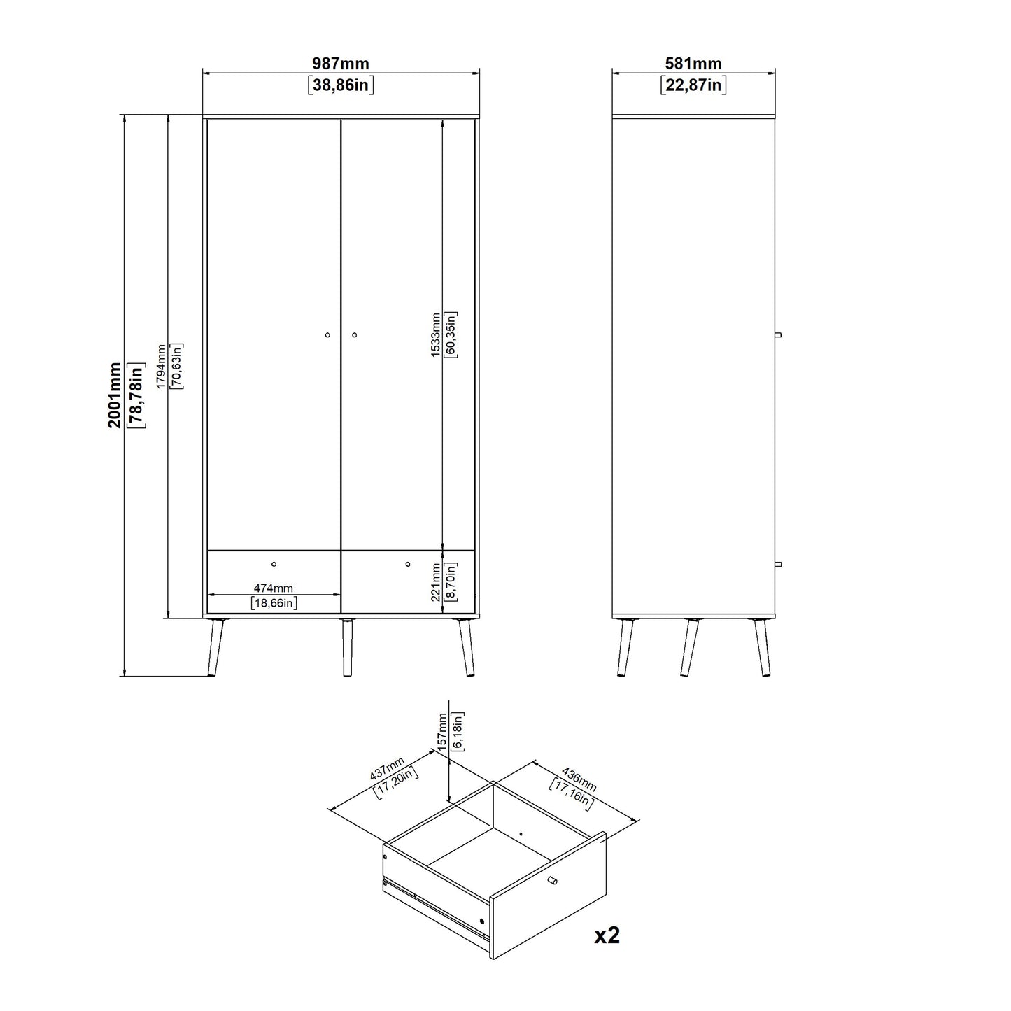 cumbria wardrobe with 2 doors + 2 drawers dark grey
