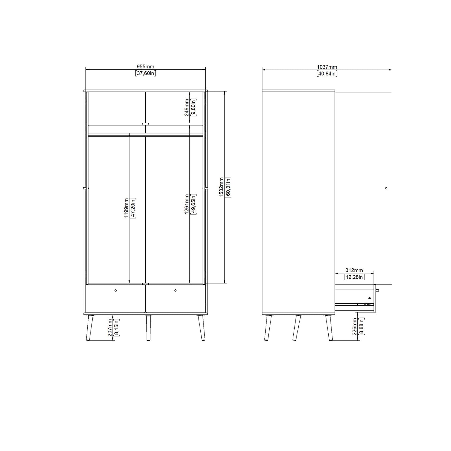 cumbria wardrobe with 2 doors + 2 drawers dark grey