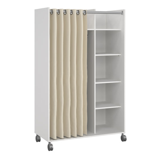 uppsala open mobile wardrobe unit in white with a beige textile curtain on wheels