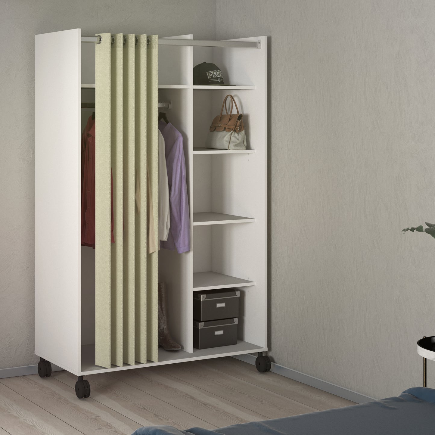 uppsala open mobile wardrobe unit in white with a beige textile curtain on wheels