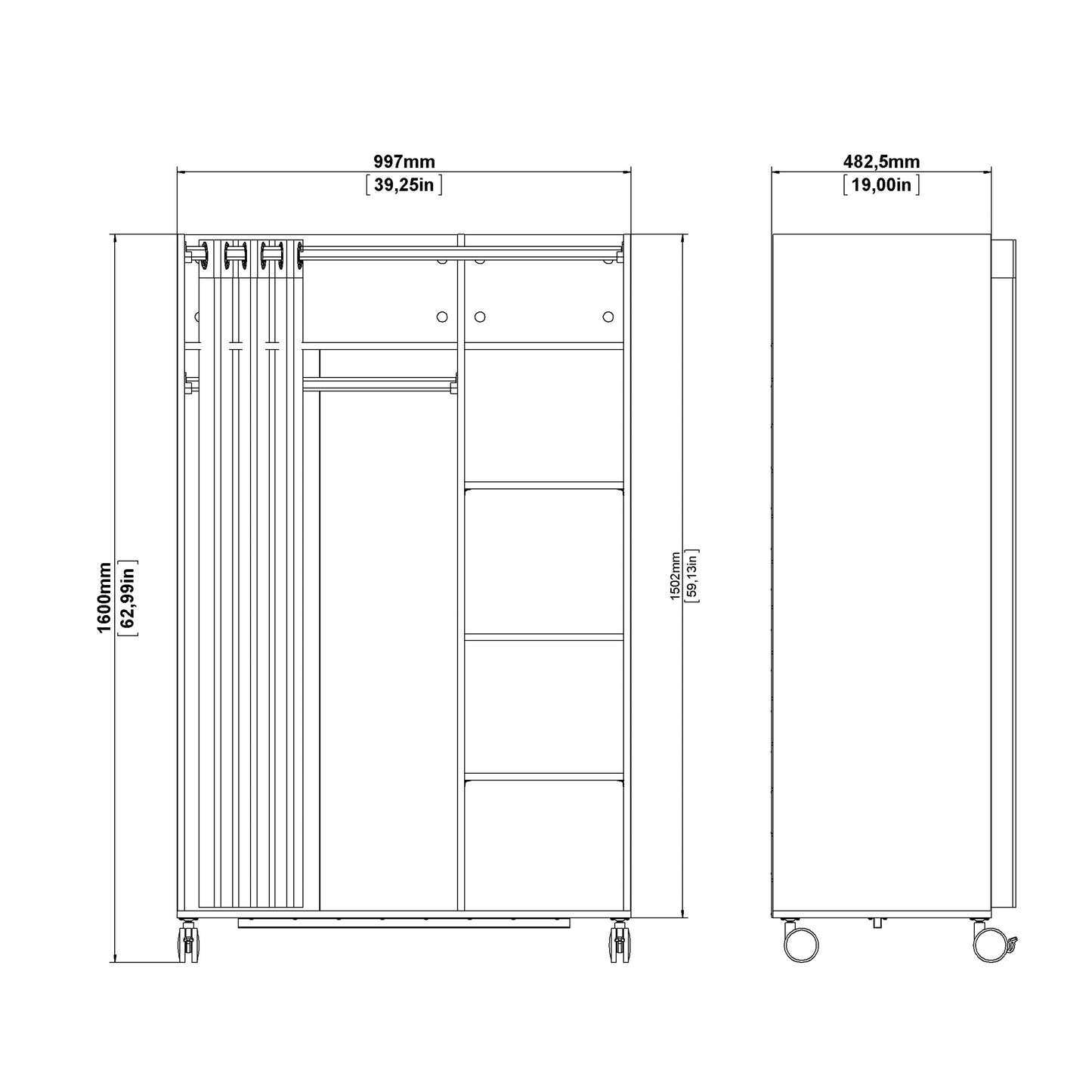uppsala open mobile wardrobe unit in white with a beige textile curtain on wheels