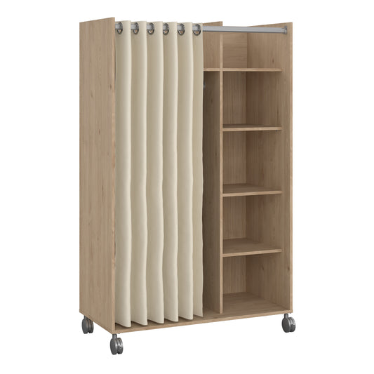 uppsala open mobile wardrobe unit in jackson hickory oak with a beige textile curtain on wheels