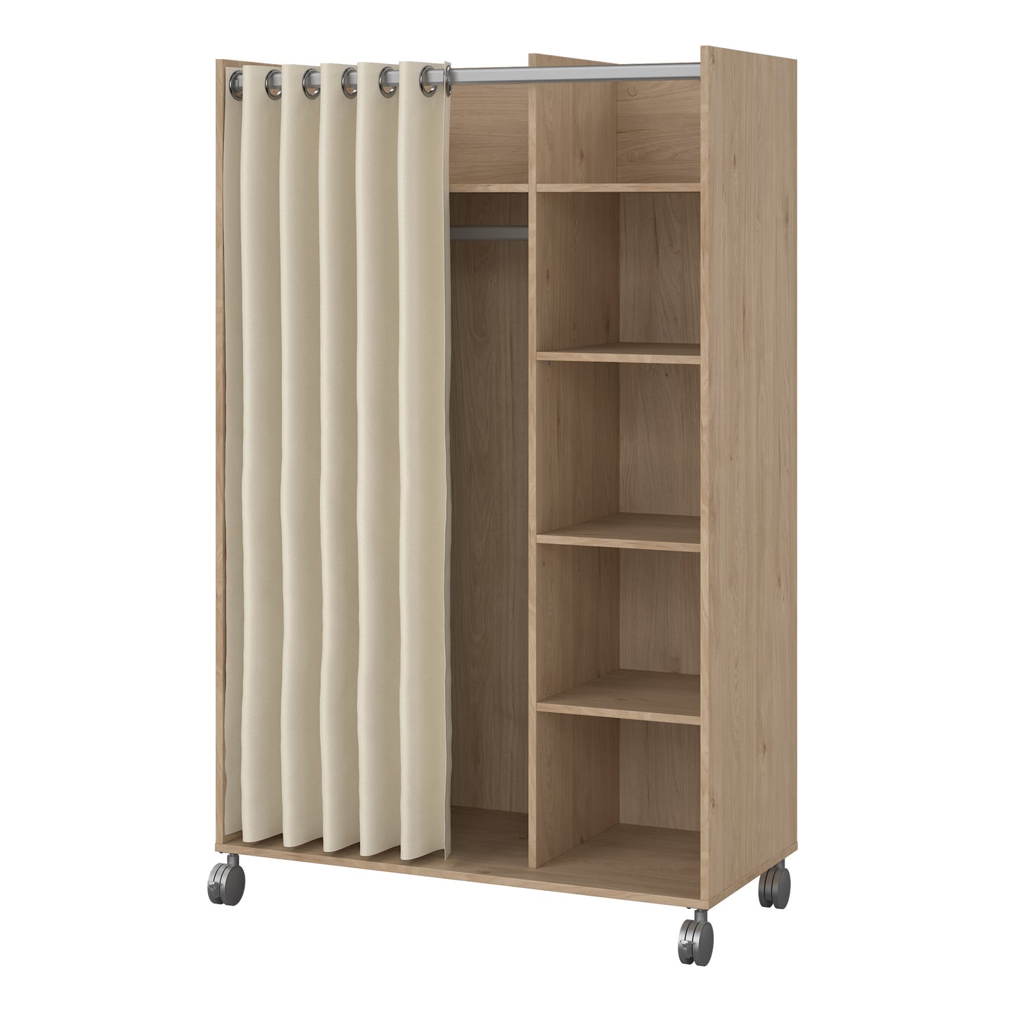 uppsala open mobile wardrobe unit in jackson hickory oak with a beige textile curtain on wheels