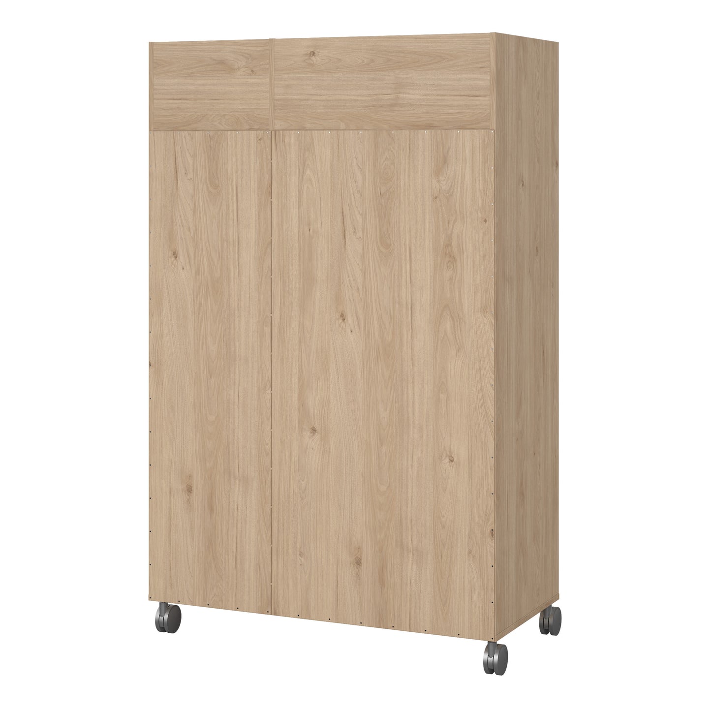 uppsala open mobile wardrobe unit in jackson hickory oak with a beige textile curtain on wheels