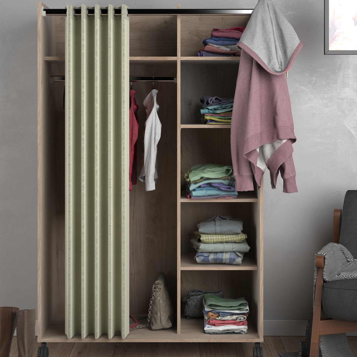 uppsala open mobile wardrobe unit in jackson hickory oak with a beige textile curtain on wheels