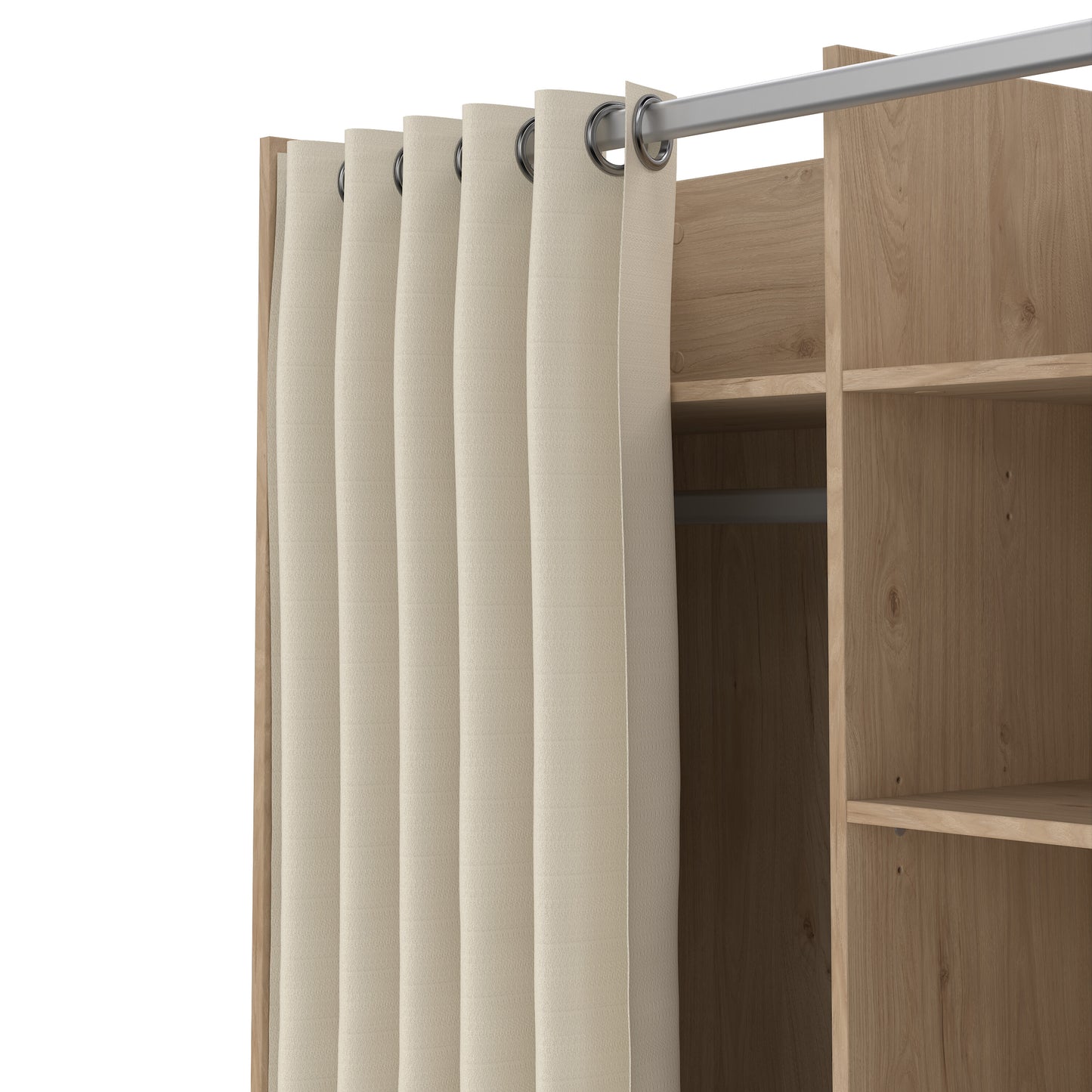 uppsala open mobile wardrobe unit in jackson hickory oak with a beige textile curtain on wheels
