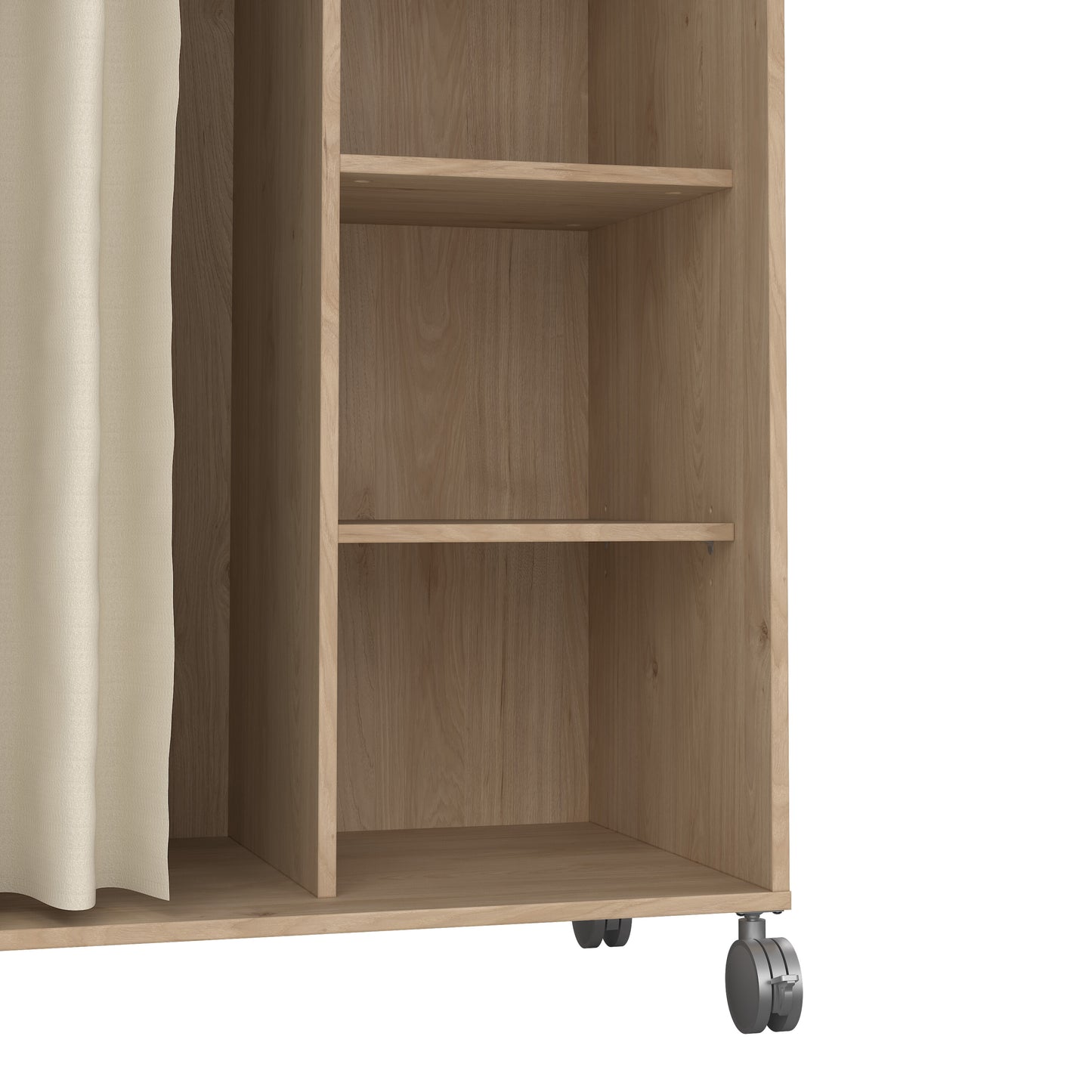 uppsala open mobile wardrobe unit in jackson hickory oak with a beige textile curtain on wheels