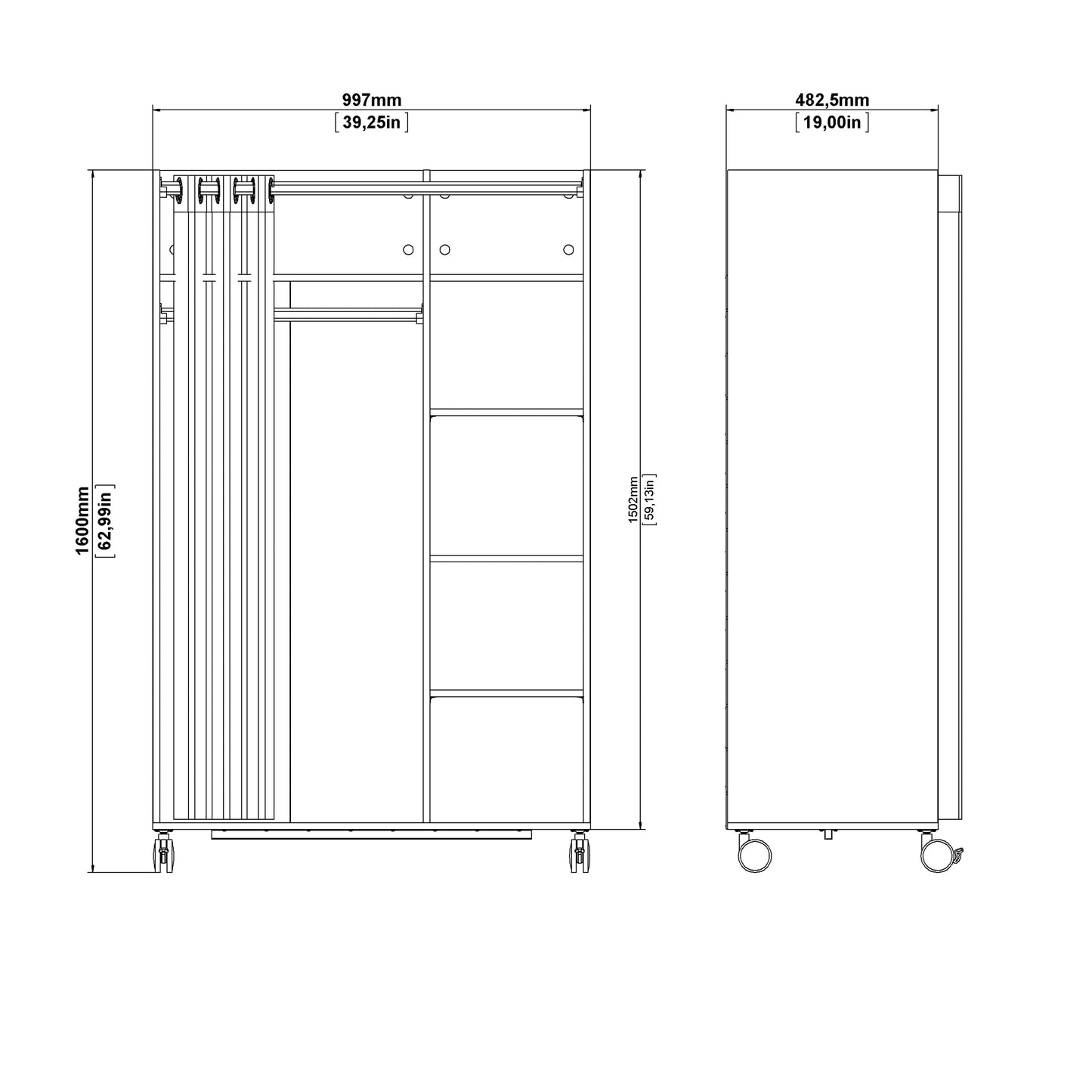 uppsala open mobile wardrobe unit in jackson hickory oak with a beige textile curtain on wheels