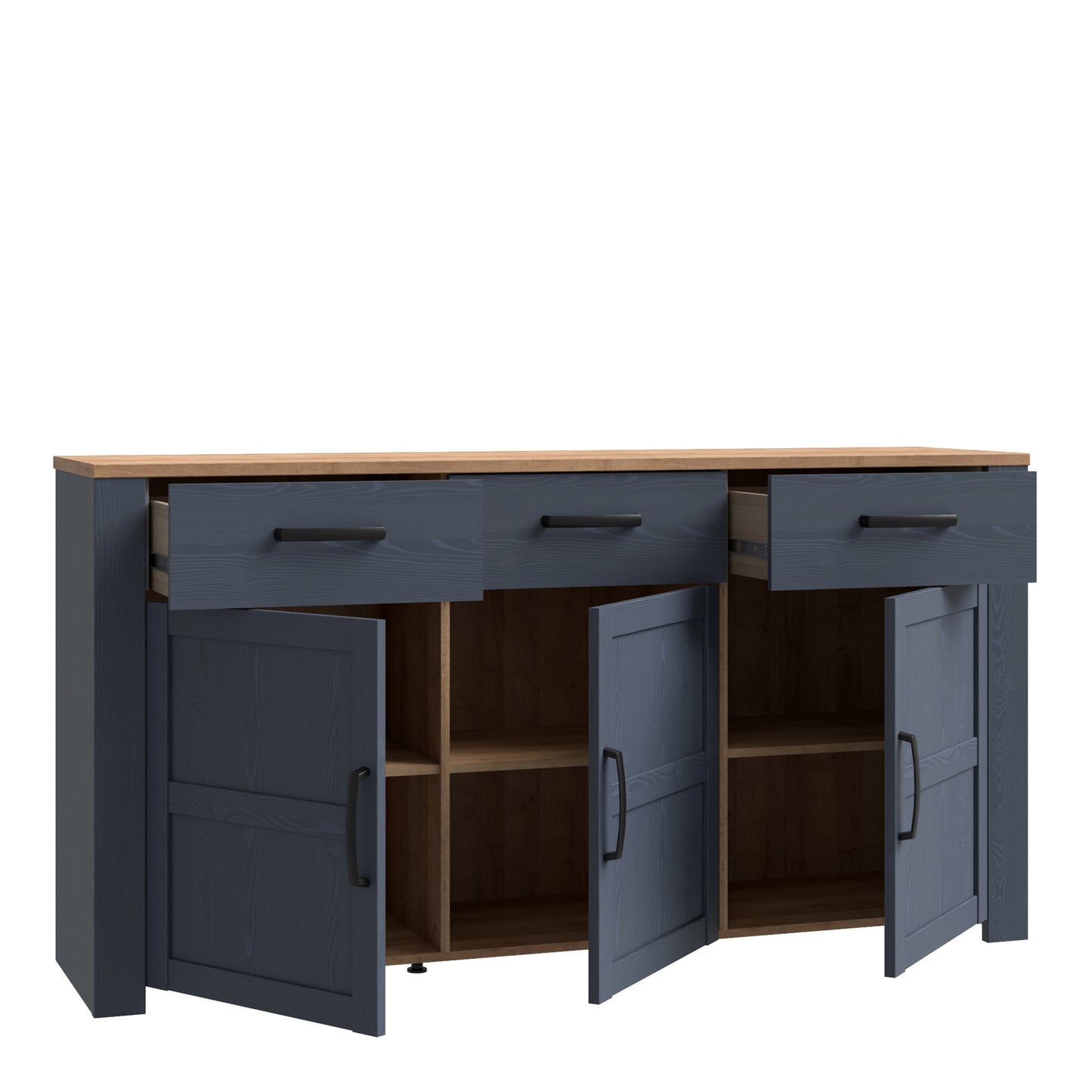 bohol 3 door 3 drawer sideboard in riviera oak/navy