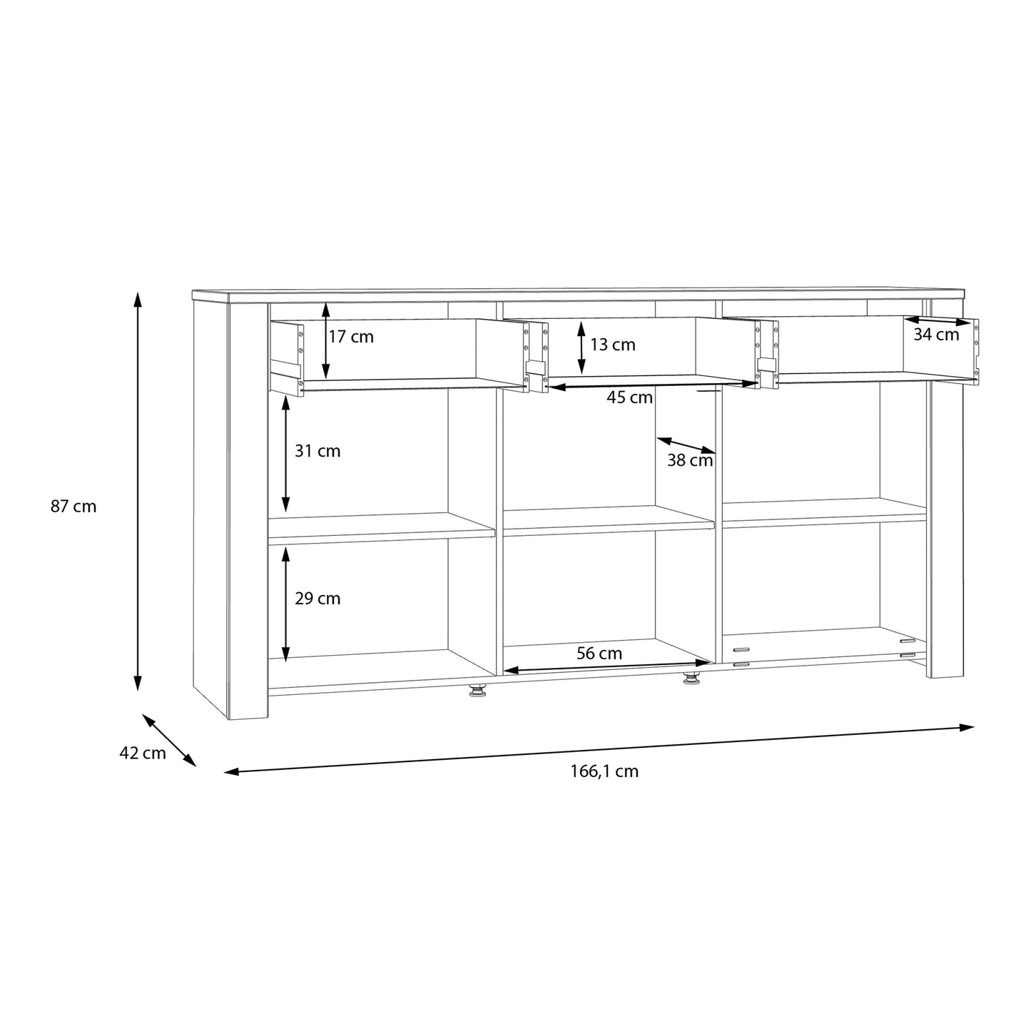 bohol 3 door 3 drawer sideboard in riviera oak/navy