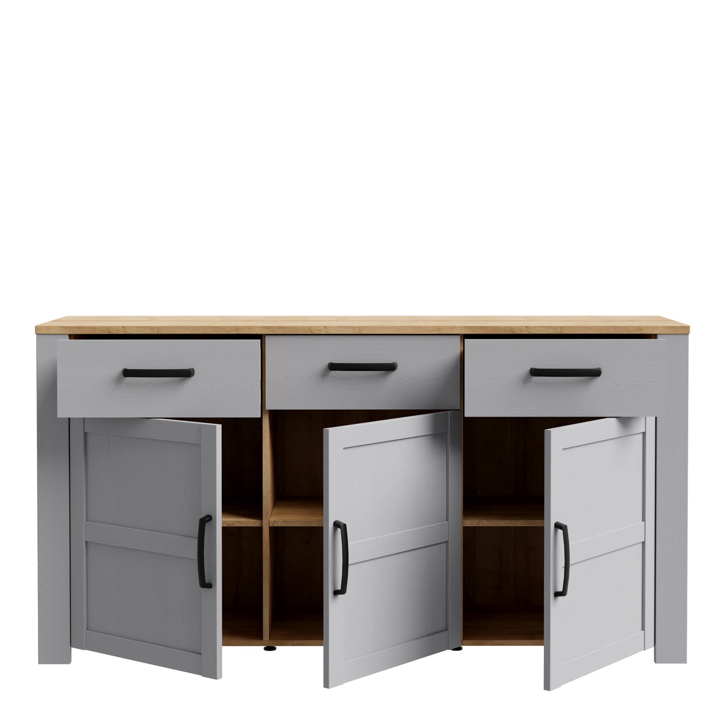 bohol 3 door 3 drawer sideboard in riviera oak/grey oak