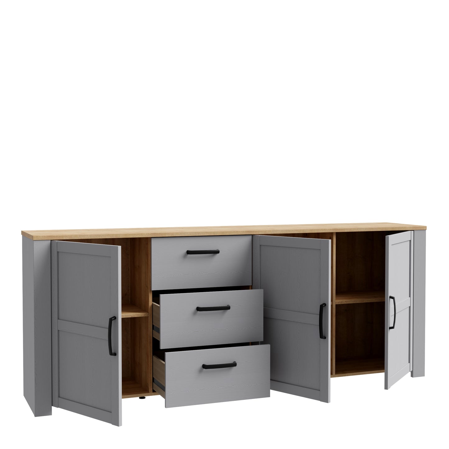 bohol 3 door 3 drawer large sideboard in riviera oak/grey oak