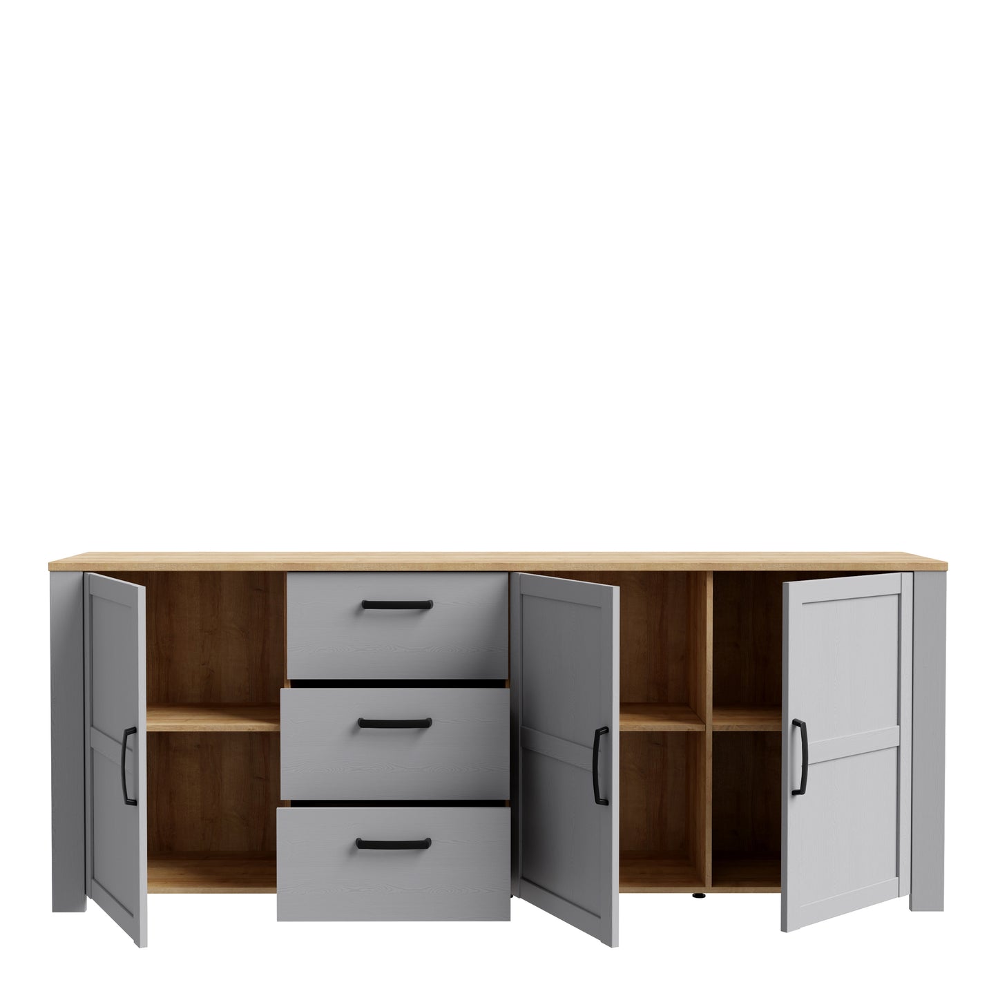 bohol 3 door 3 drawer large sideboard in riviera oak/grey oak