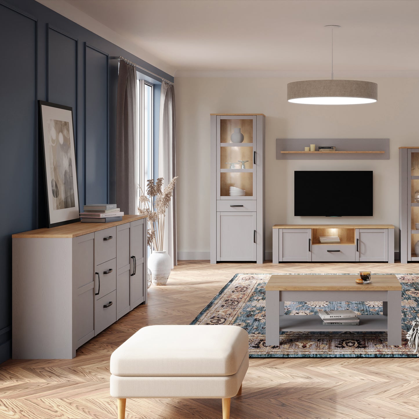 bohol 3 door 3 drawer large sideboard in riviera oak/grey oak