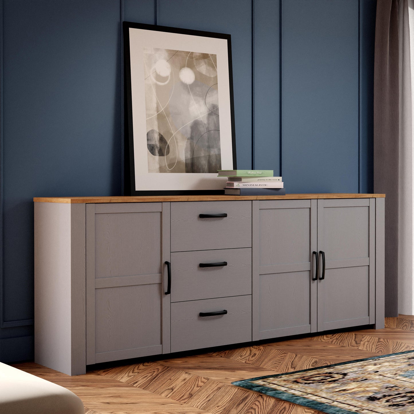 bohol 3 door 3 drawer large sideboard in riviera oak/grey oak