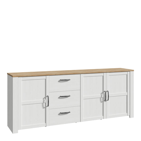 bohol 3 door 3 drawer large sideboard in riviera oak/white