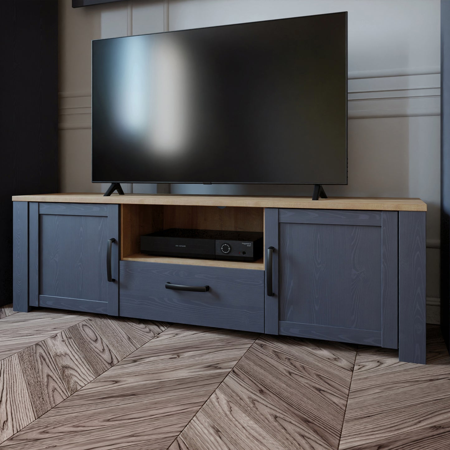 bohol 2 door 1 drawer tv unit in riviera oak/navy