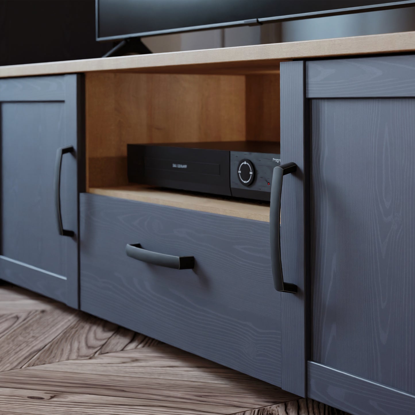 bohol 2 door 1 drawer tv unit in riviera oak/navy