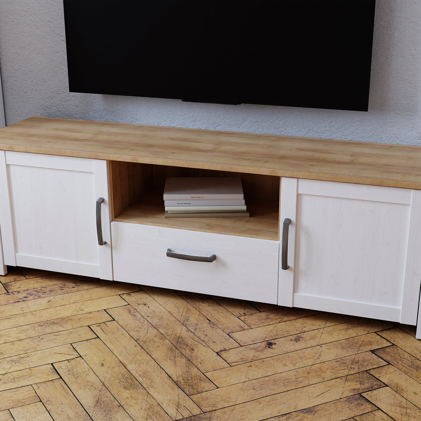 bohol 2 door 1 drawer tv unit in riviera oak/white