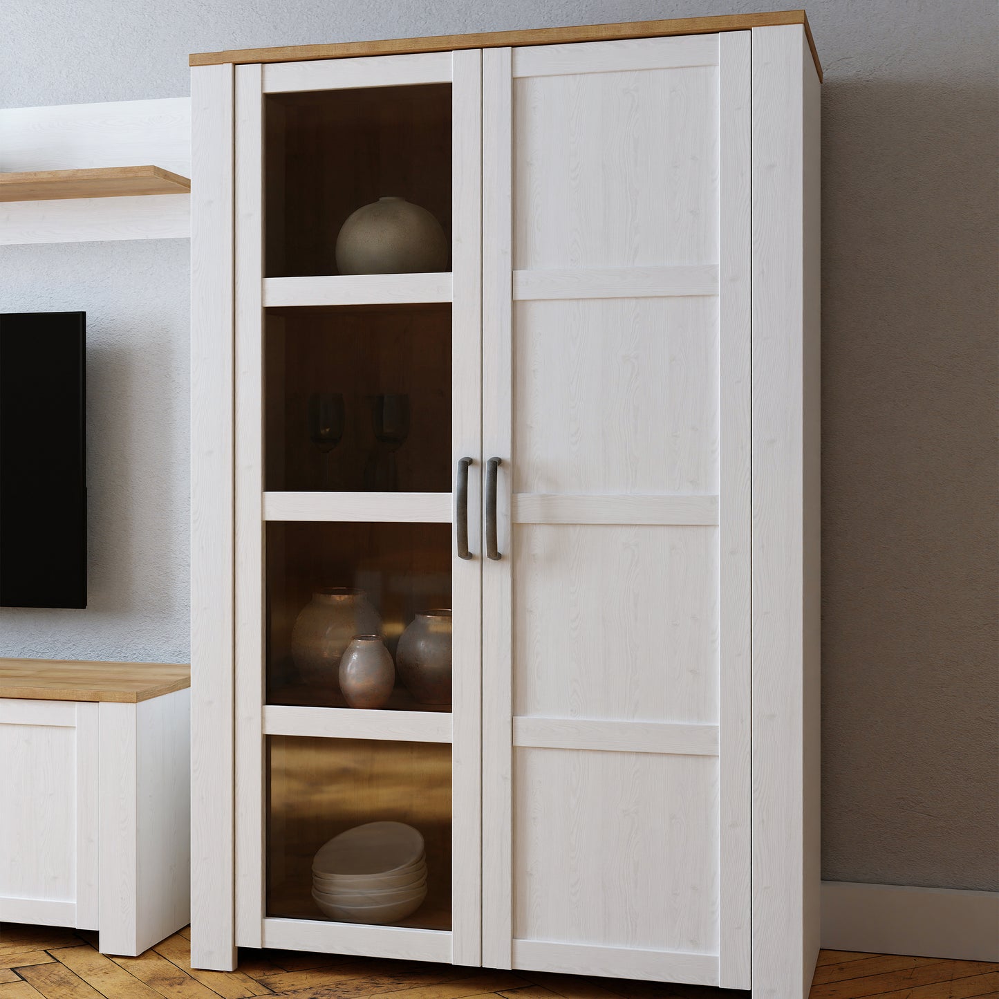bohol 2 door display cabinet in riviera oak/white